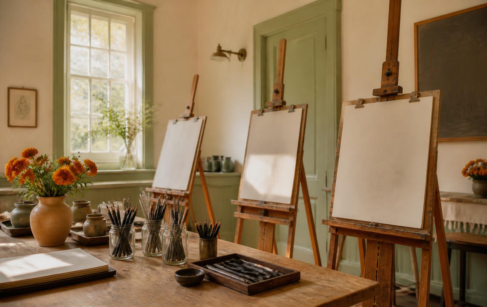 Wooden easels and drawing boards in a sunlit studio with sage green trim